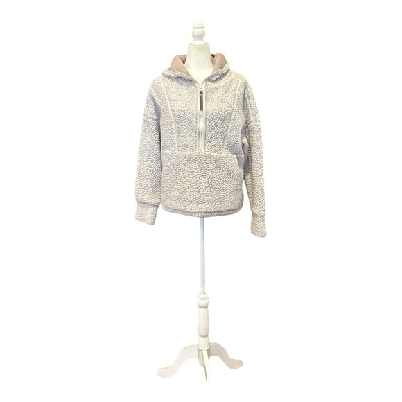 Prana Permafrost Half Zip Sherpa High Pile Hoodie Sweater Pocket Pullover Cream - Picture 5 of 12